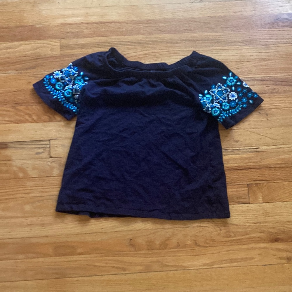Talbots Off Shoulder Embroidered Floral Sleeve 100% Cotton Top